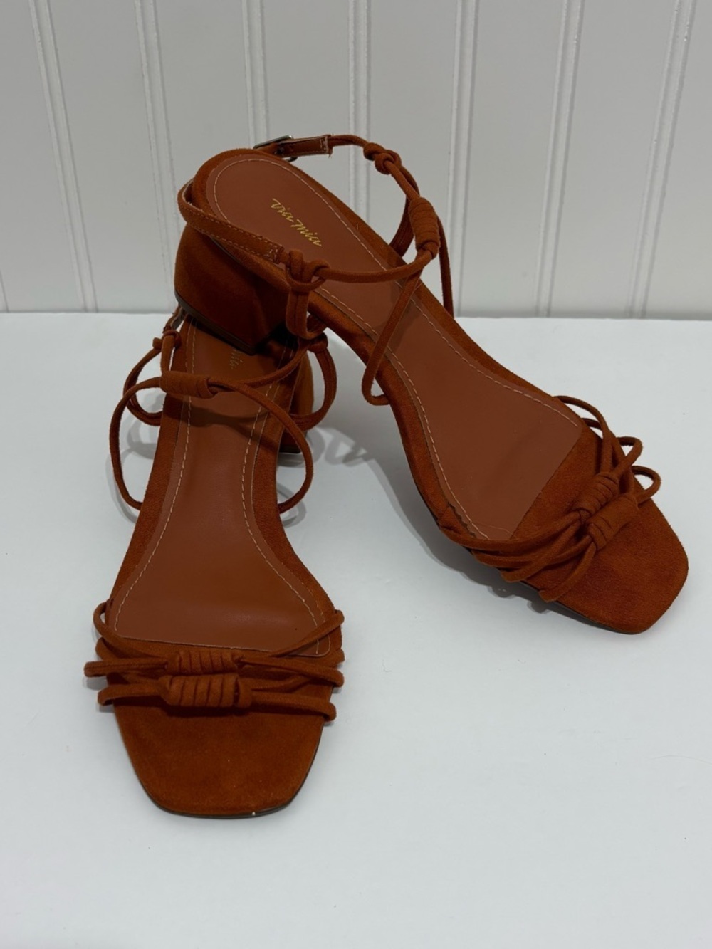 Via Mia Strappy Block Heel Suede Rust Brown Sandals Square Toe Ankle Strap 8.5 - Picture 2 of 14